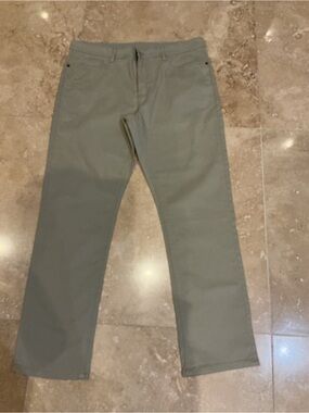 English Laundry Khaki Straight-Leg Trousers with Black Leather Patch
